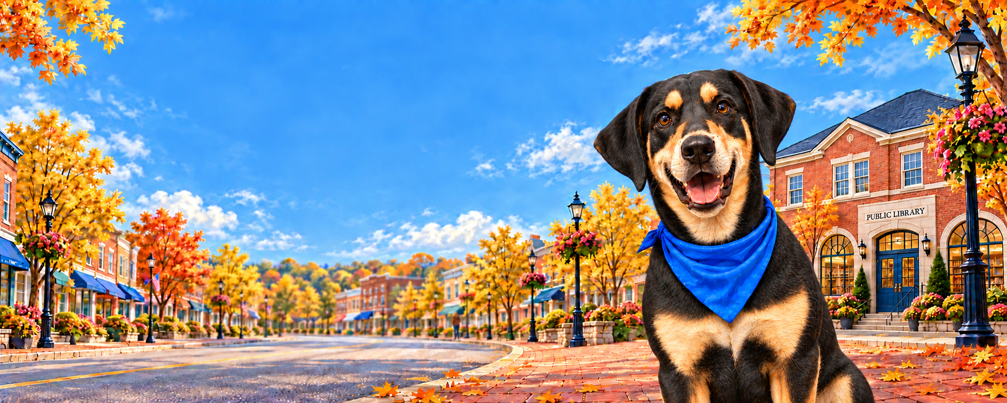 Murphy wearing his blue bandana on a sunny Fairfax City street, with shops, neighbors, autumn trees, and a public library.
