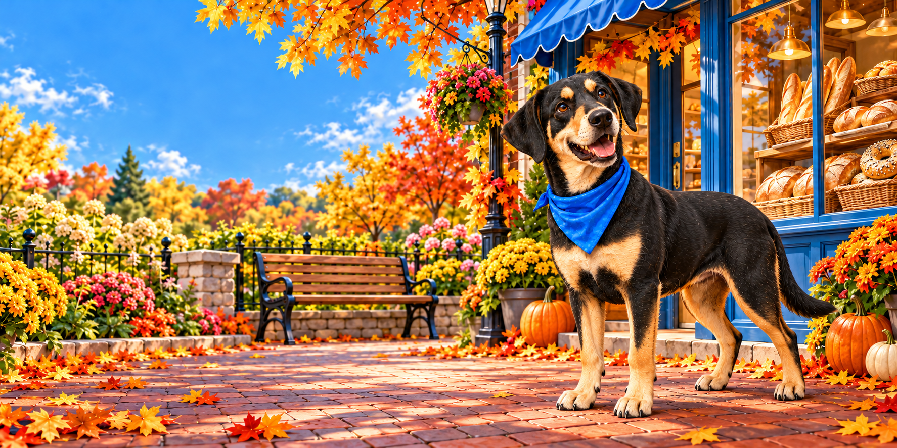Smooth-coated Murphy in his blue bandana following an interesting scent beside a neighborhood bakery on a bright autumn day.
