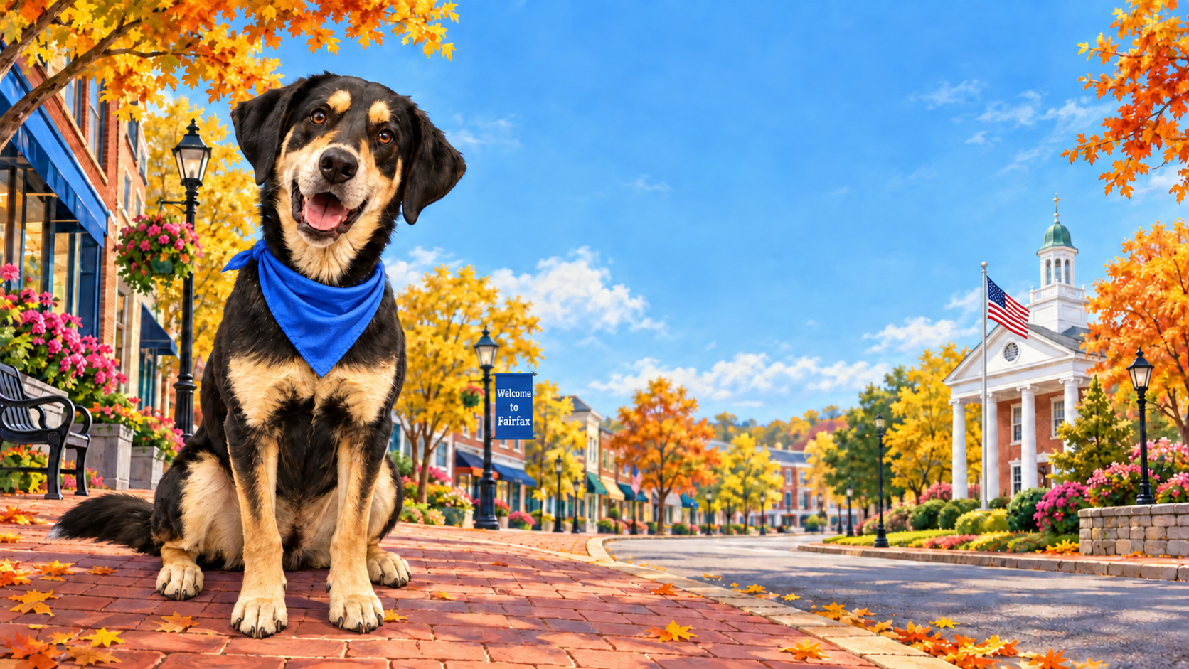 Murphy wearing a blue bandana on a bright autumn Fairfax sidewalk, with a Welcome to Fairfax banner and an American flag on a flagpole outside the civic building.