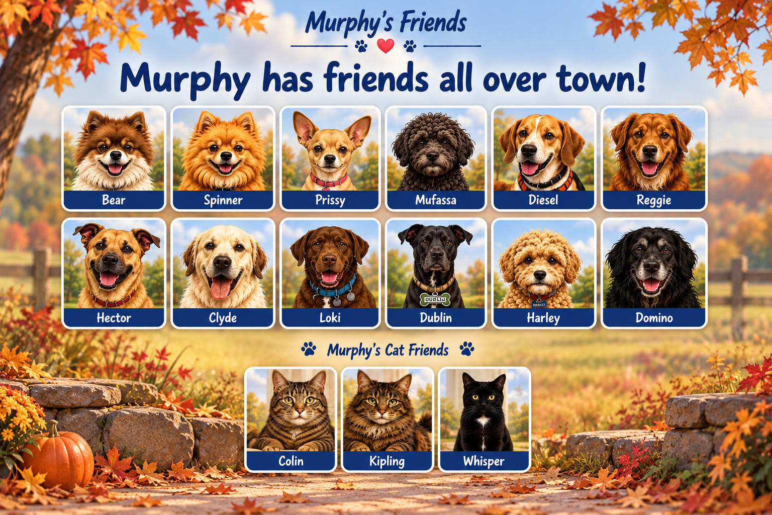Murphy has friends all over town! Dog friends: Bear, Spinner, Prissy, Mufassa, Diesel, Reggie, Hector, Clyde, Loki, Dublin, Harley, and Domino. Murphy’s cat friends: Colin, Kipling, and Whisper. Their portraits sit in a bright autumn garden with leaves, mums, and pumpkins.